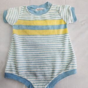 healthtex Blue and Yellow Striped Kids One Piece and shirt with woof print